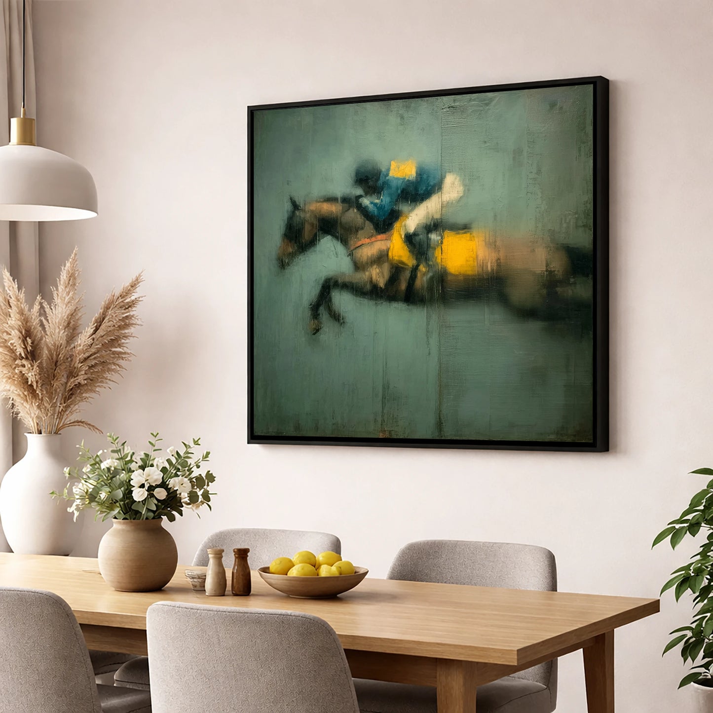 Airborne in Teal and Gold show jumping horse wall art displayed in a dining room