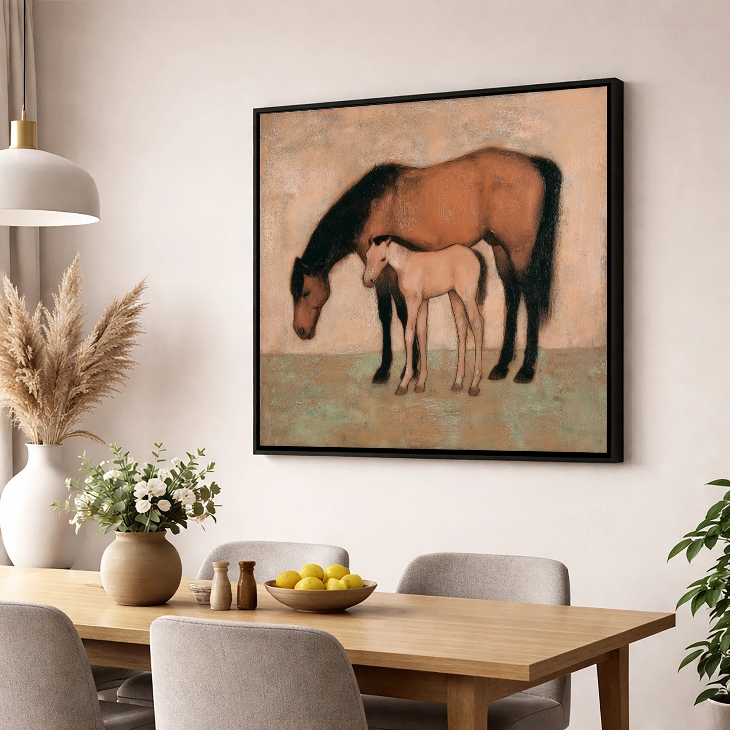 Quiet Pasture Bond mare & foal wall art displayed in a dining room