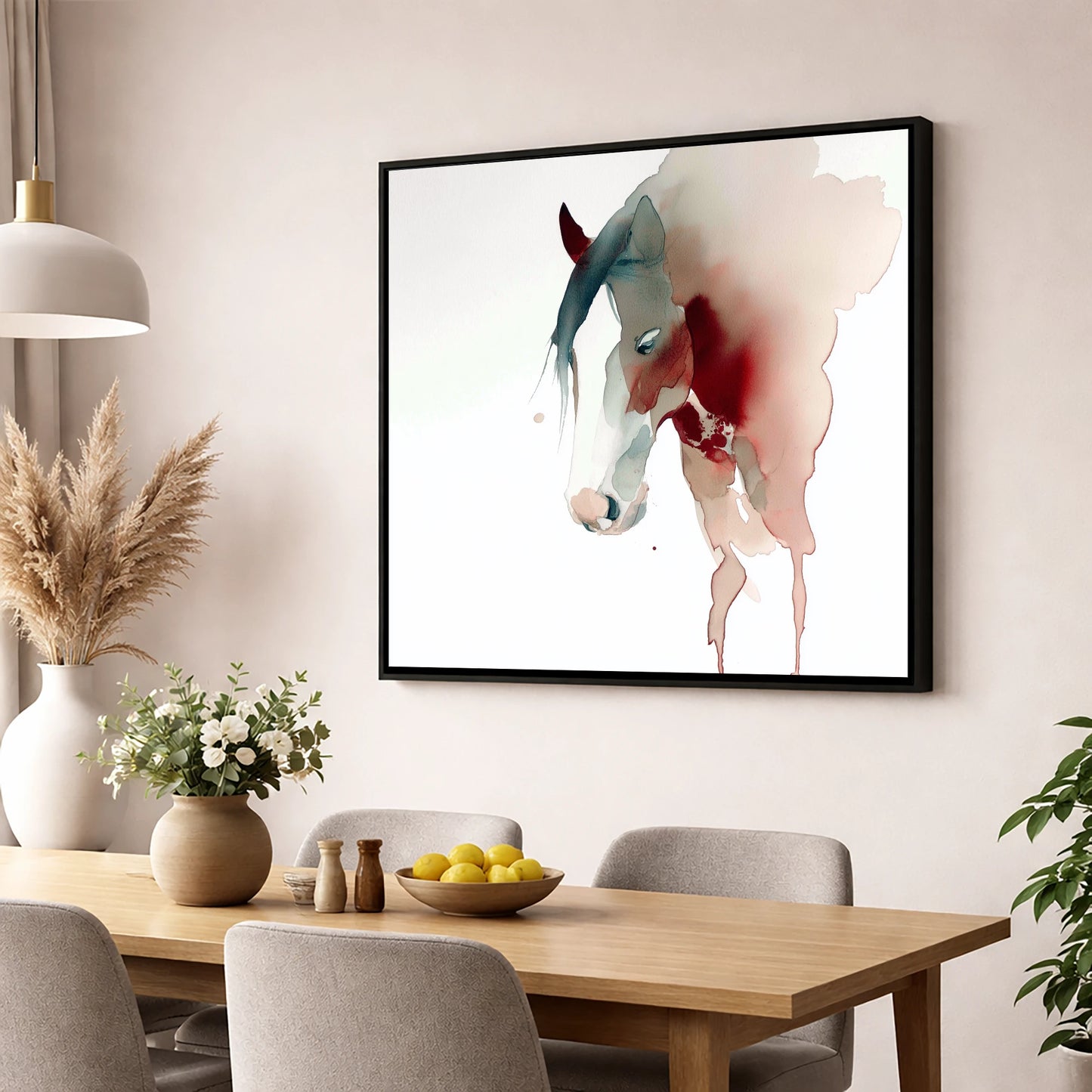Crimson Silhouette horse breed wall art displayed in a dining room