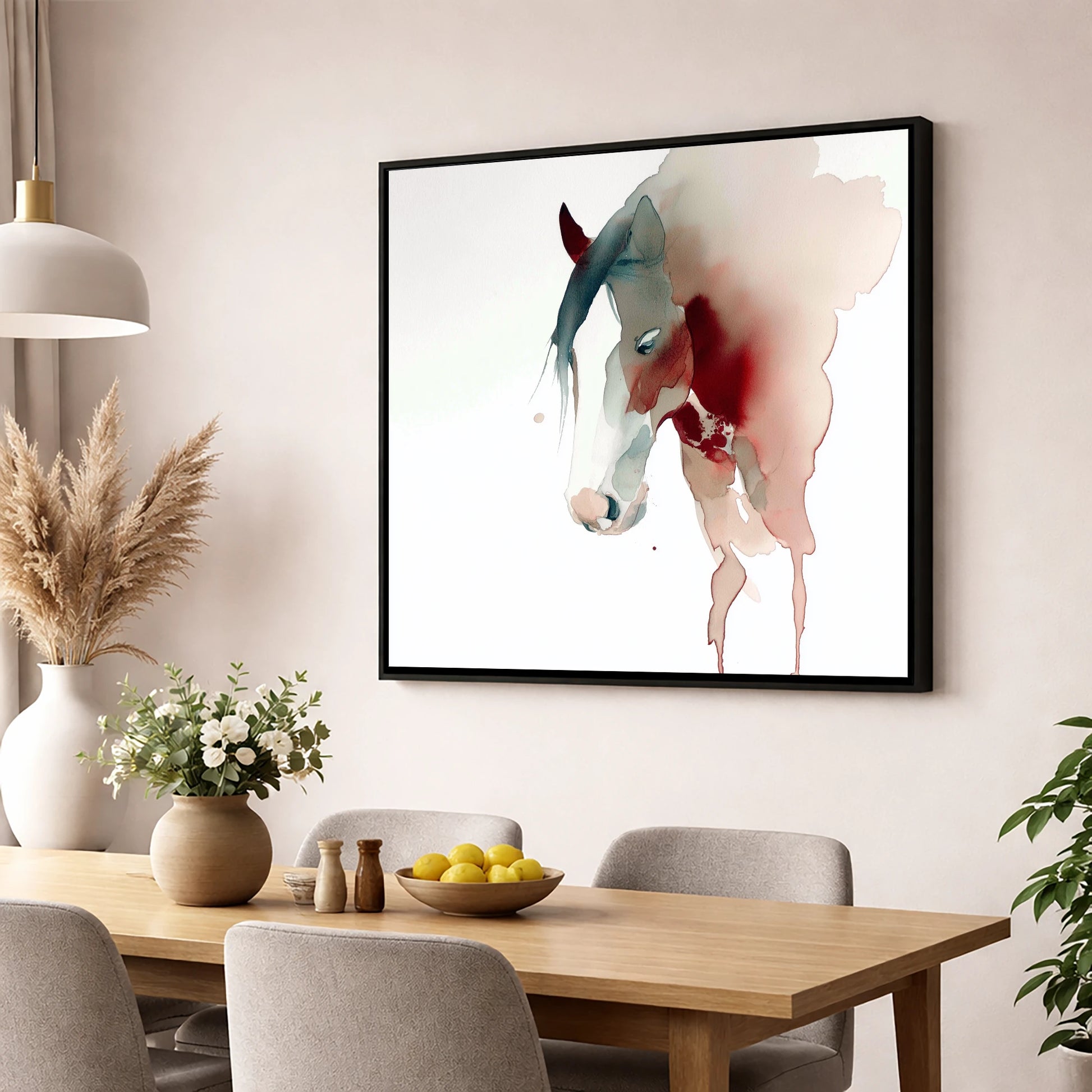 Crimson Silhouette horse breed wall art displayed in a dining room