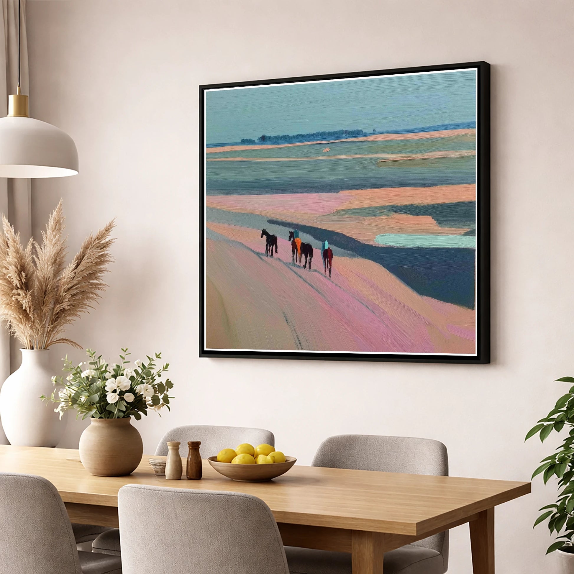 Dusty Rose Hack horse landscape wall art displayed in a dining room