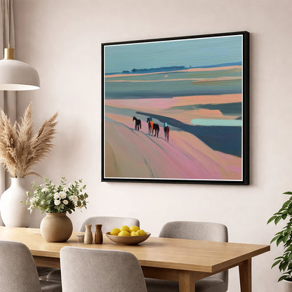 Dusty Rose Hack horse landscape wall art displayed in a dining room