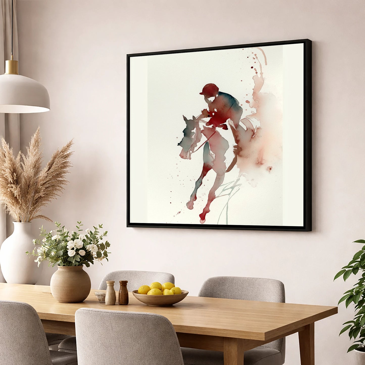 Crimson Gallop racing horse wall art displayed in a dining room