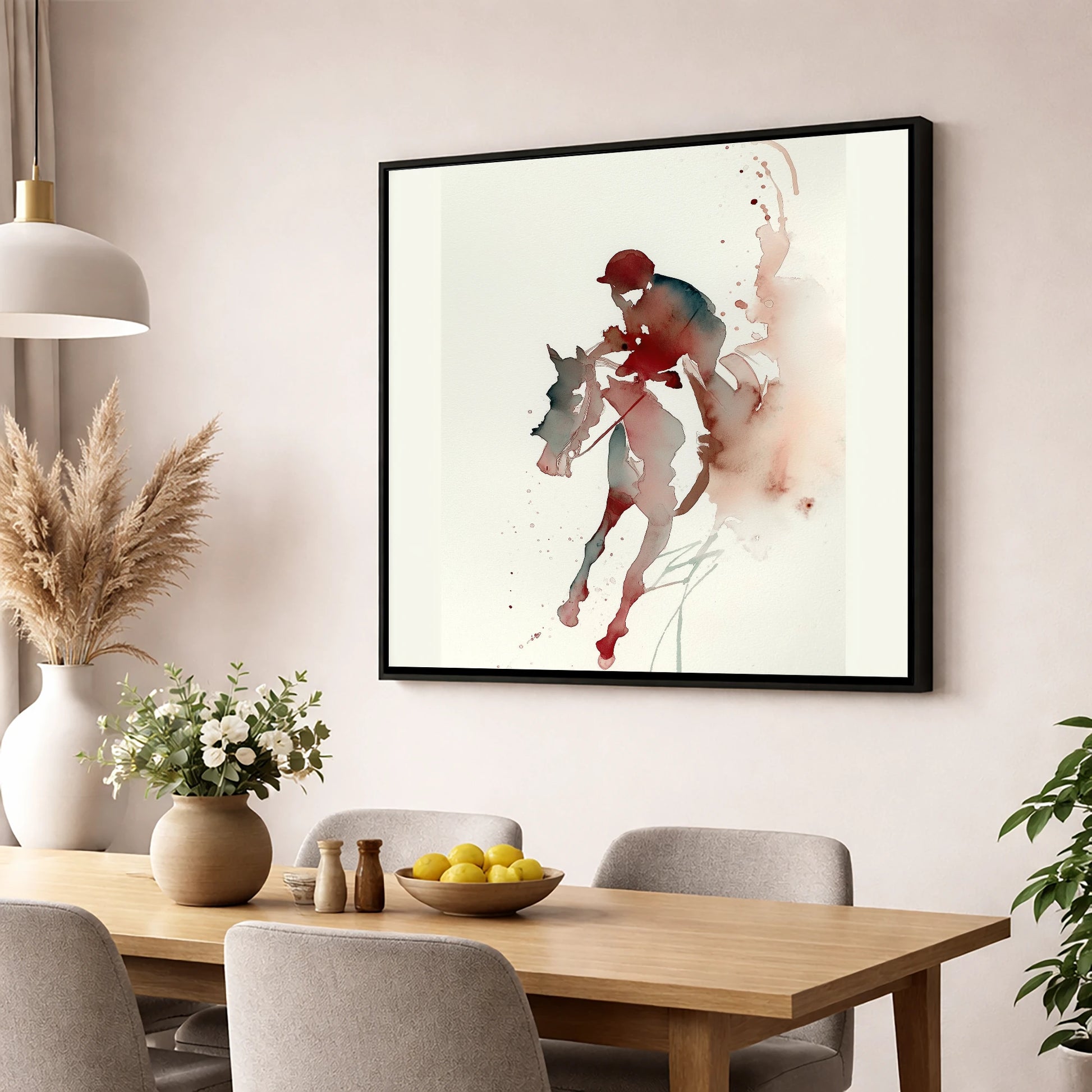 Crimson Gallop racing horse wall art displayed in a dining room