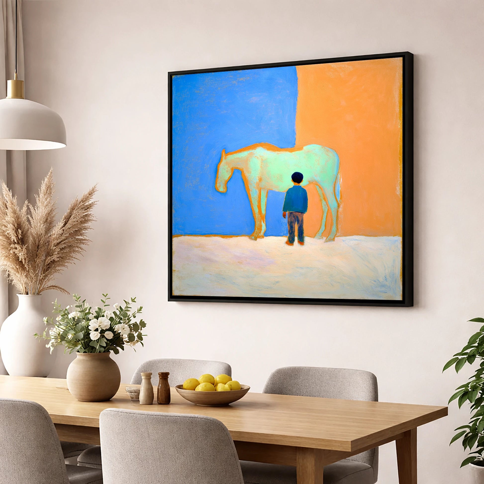 A Silent Understanding horse & rider wall art displayed in a dining room