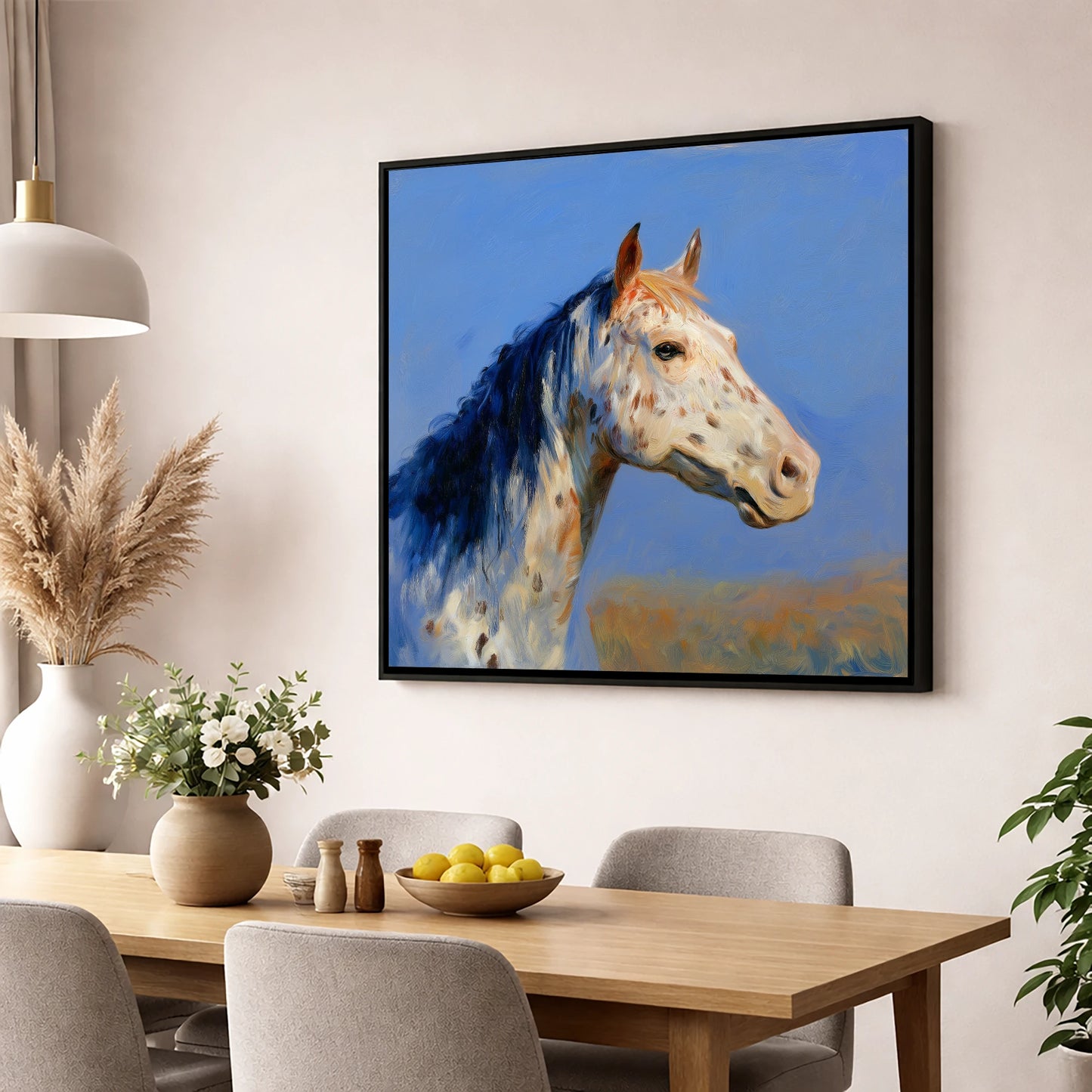 Azure Appaloosa Portrait horse breed wall art displayed in a dining room