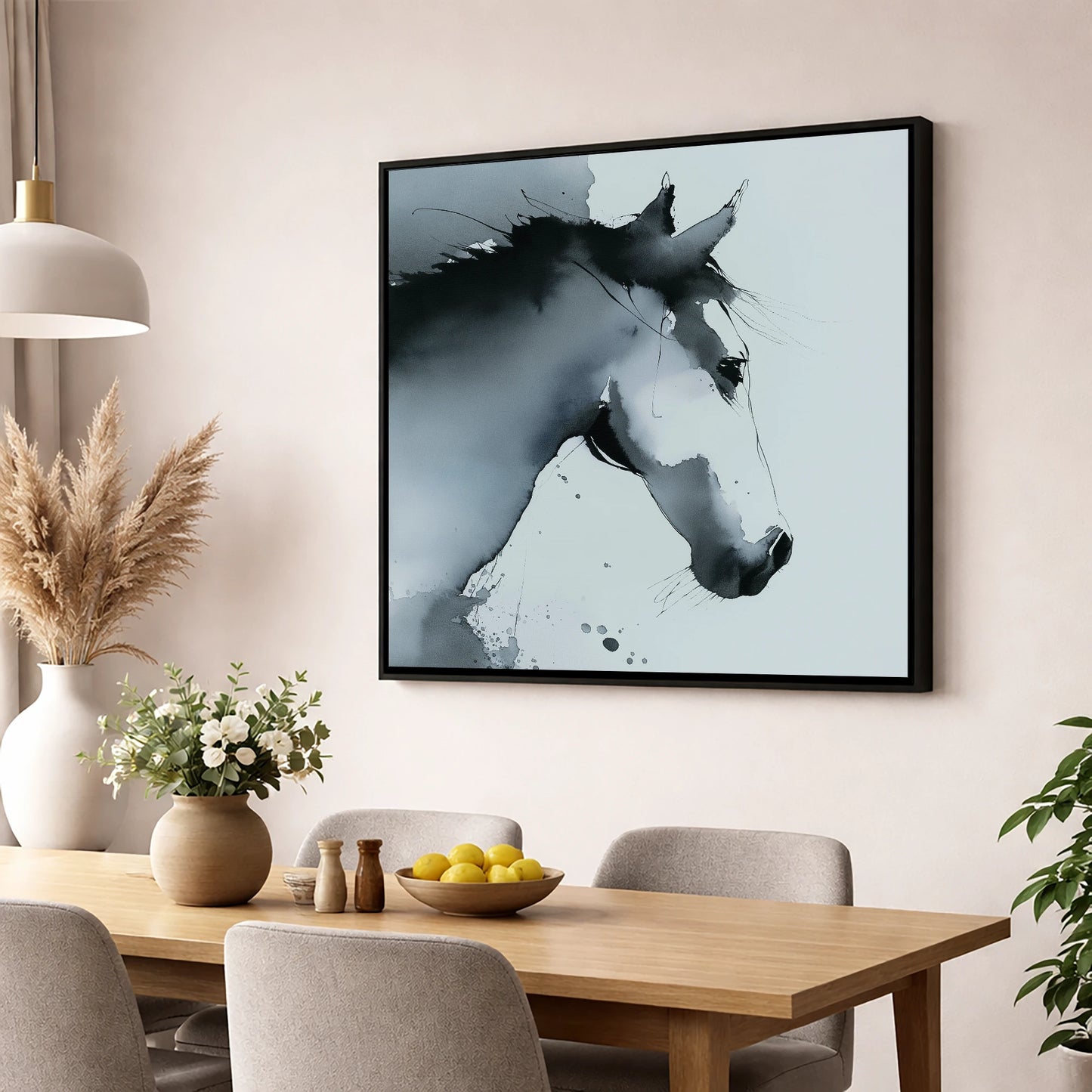 Ethereal Monochrome Profile horse portrait wall art displayed in a dining room