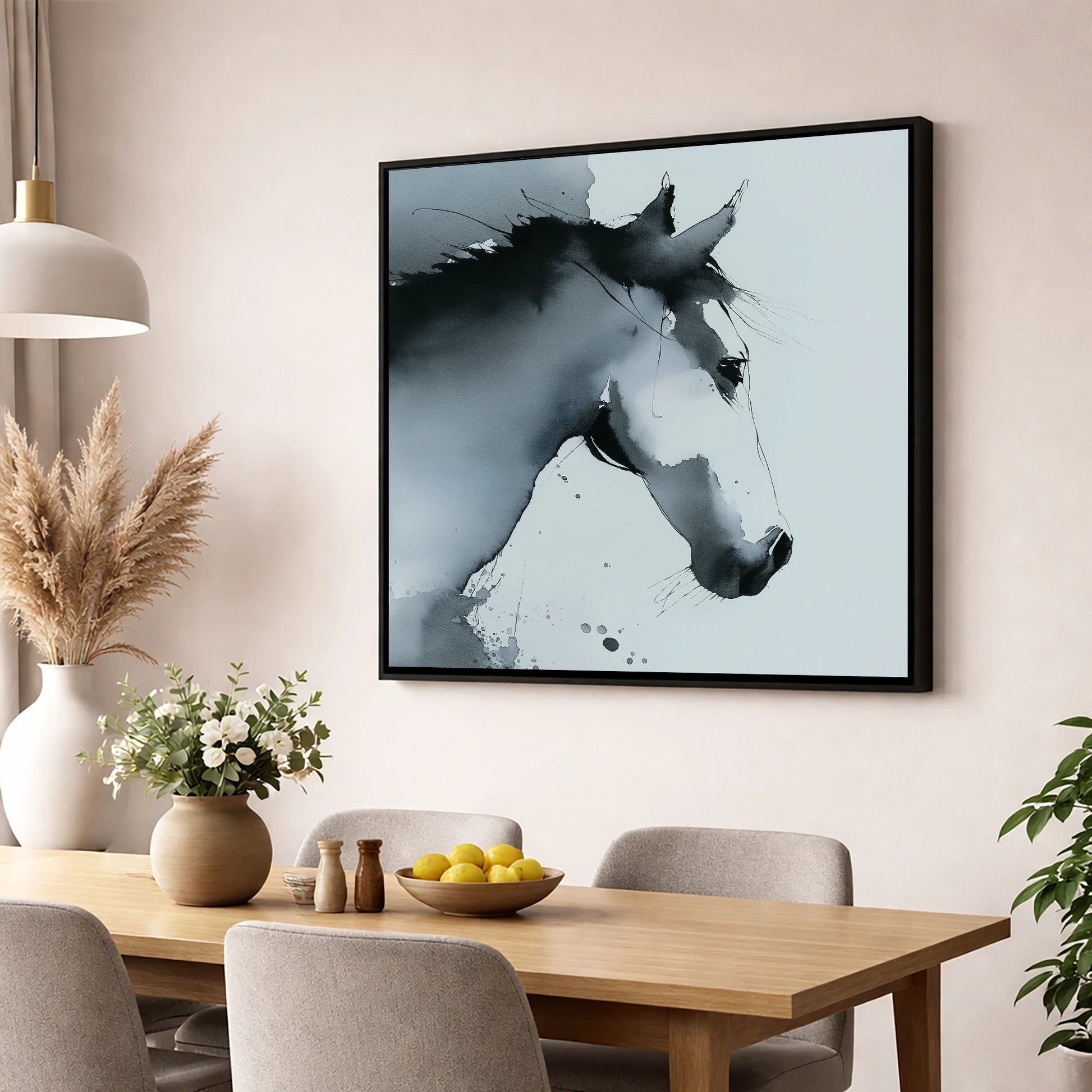 Ethereal Monochrome Profile horse portrait wall art displayed in a dining room