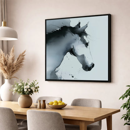 Ethereal Monochrome Profile horse portrait wall art displayed in a dining room