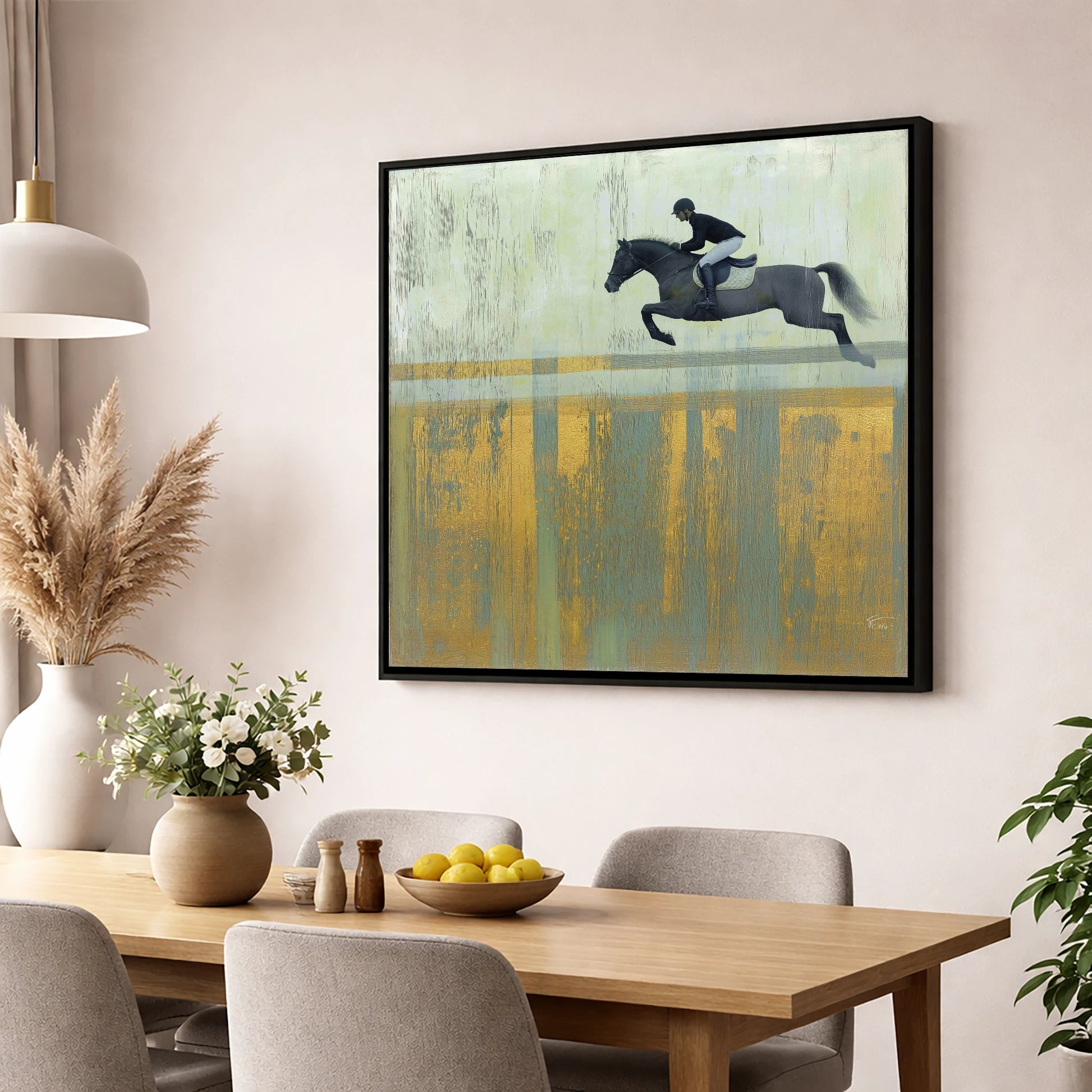 Flight Over Gold show jumping horse wall art displayed in a dining room