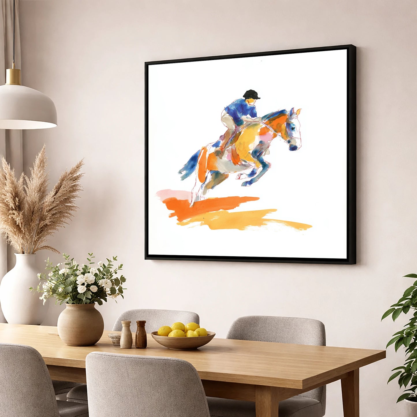 Vibrant Flight show jumping horse wall art displayed in a dining room
