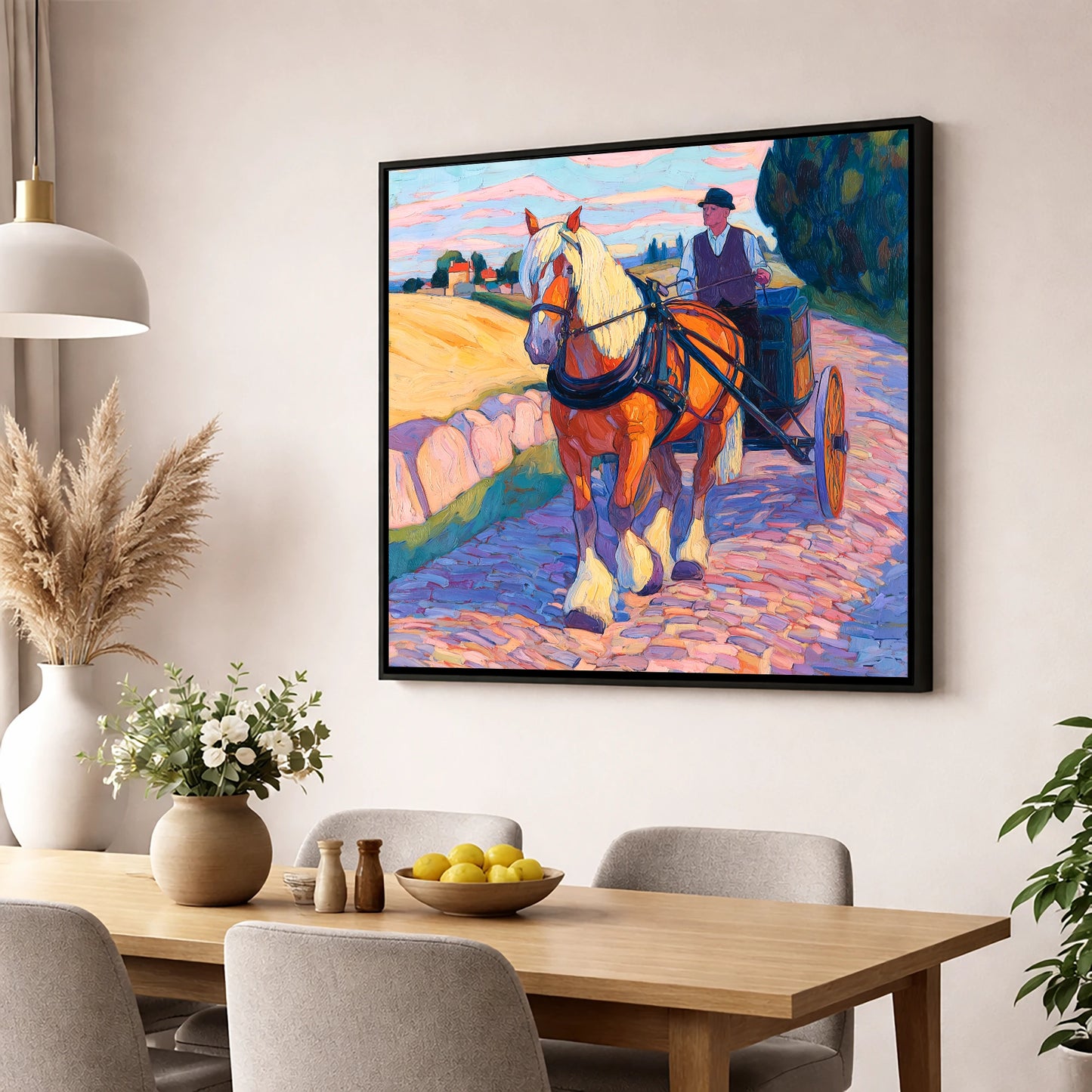 Evening Draught on Cobbles working horse wall art displayed in a dining room