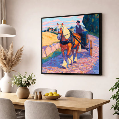 Evening Draught on Cobbles working horse wall art displayed in a dining room