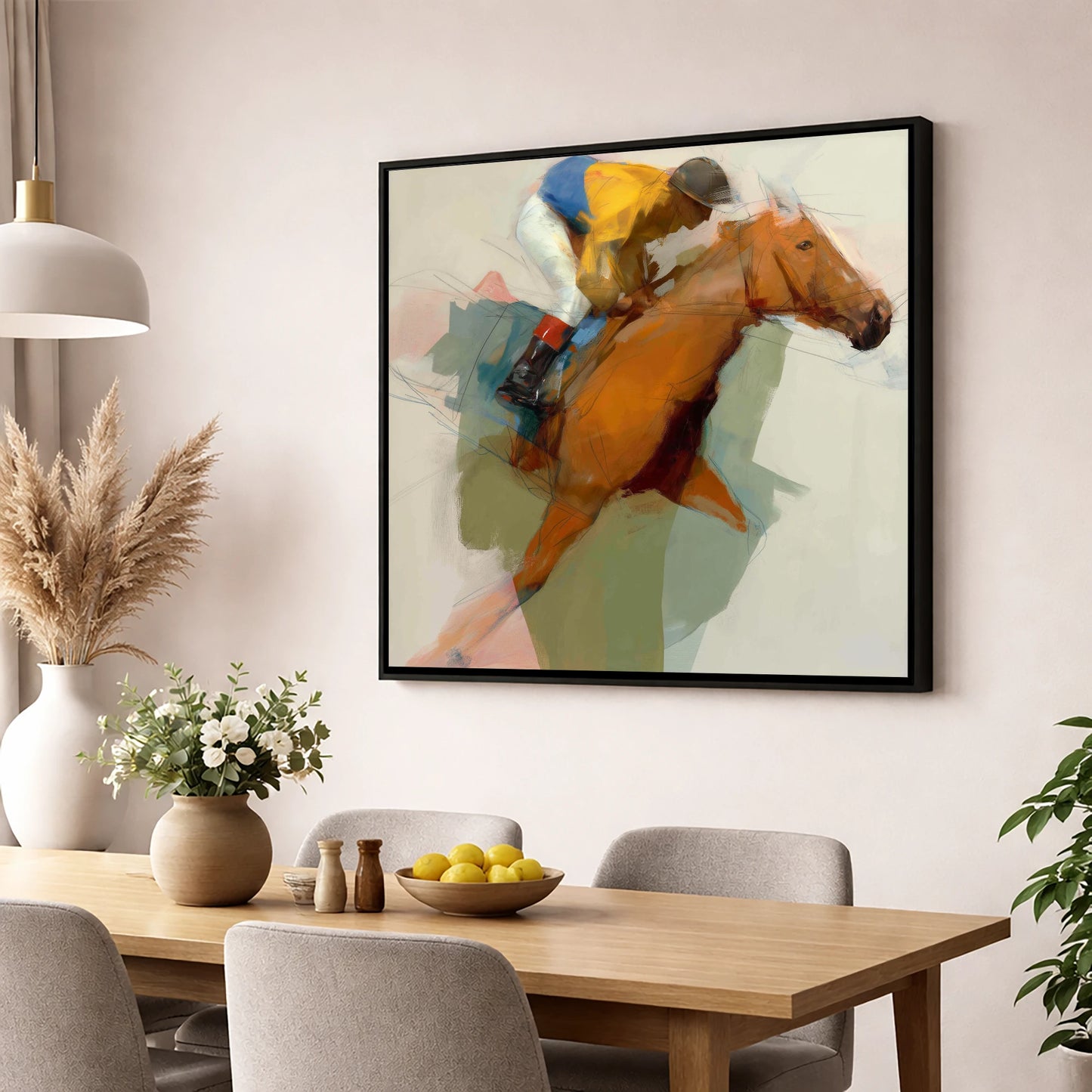 The Front Runner racing horse wall art displayed in a dining room