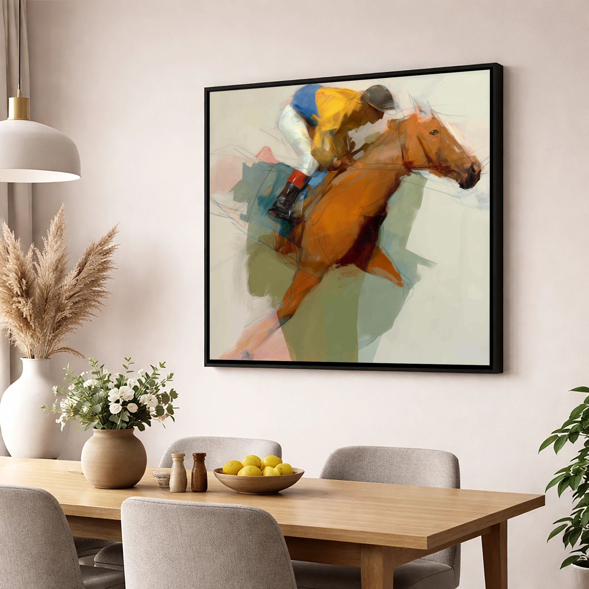 The Front Runner racing horse wall art displayed in a dining room