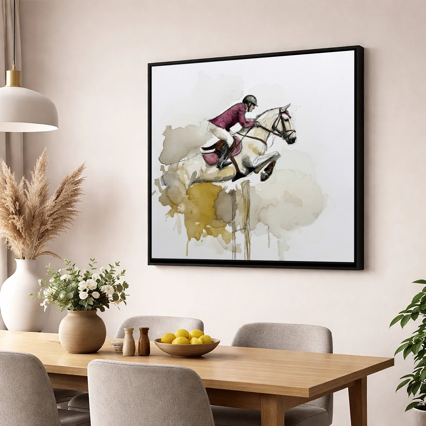 Suspended Elegance show jumping horse wall art displayed in a dining room