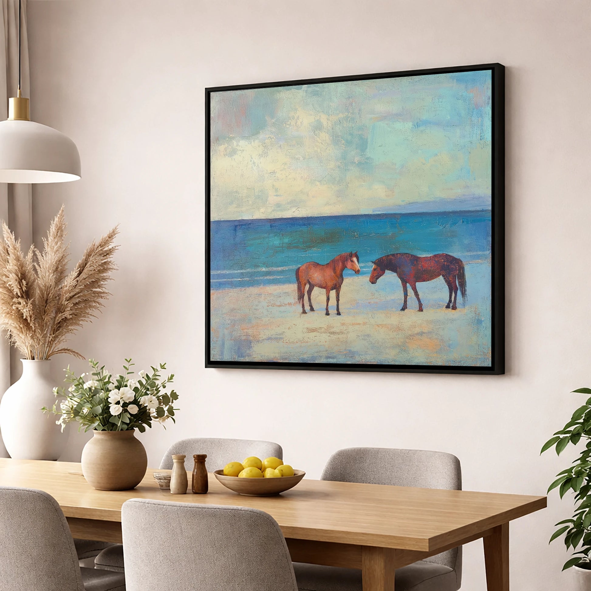 Shoreline Companions horse landscape wall art displayed in a dining room
