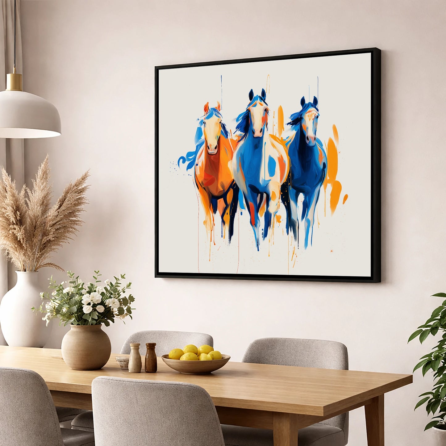 Cobalt and Amber Canter wild horses wall art displayed in a dining room