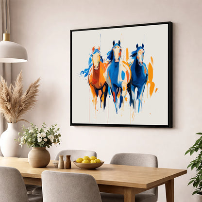 Cobalt and Amber Canter wild horses wall art displayed in a dining room