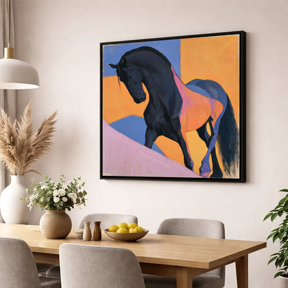 Black Stallion on Bold Orange horse breed wall art displayed in a dining room