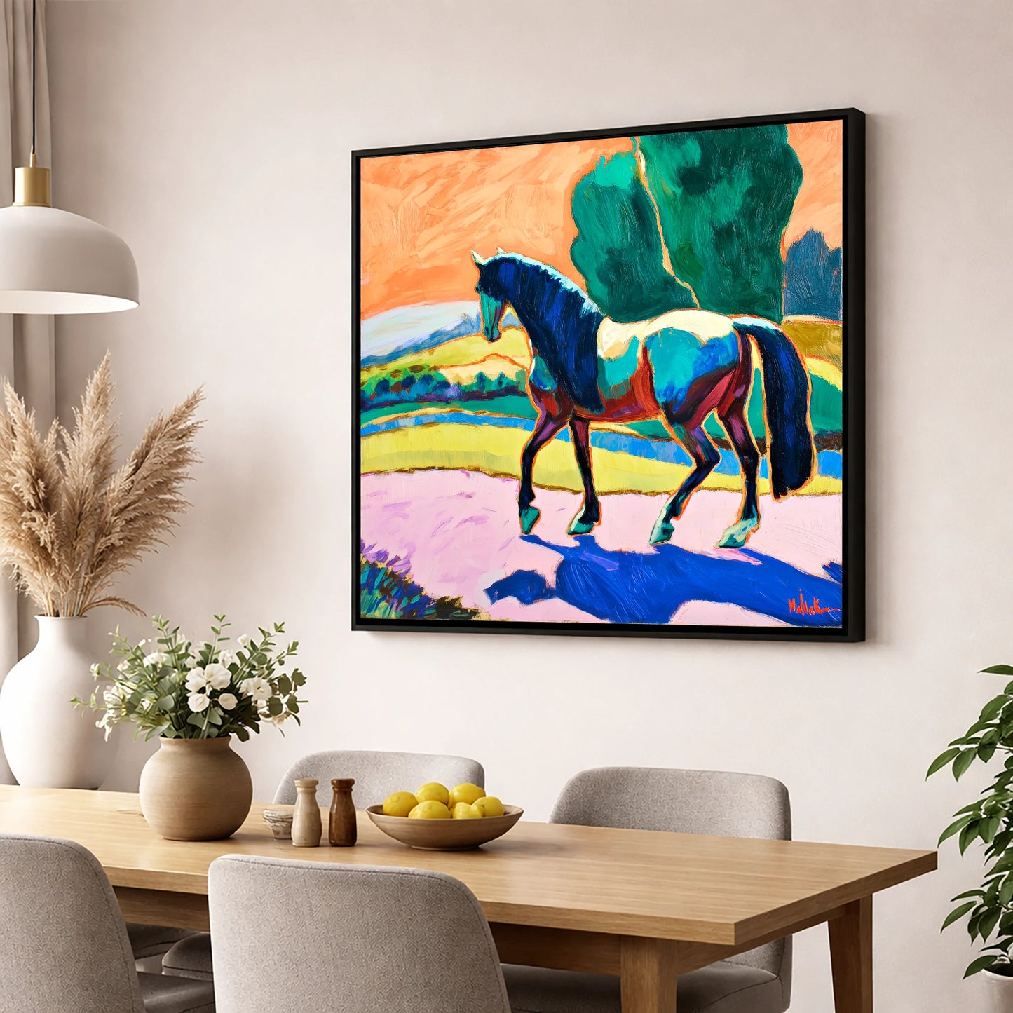 The Cobalt Stride horse breed wall art displayed in a dining room