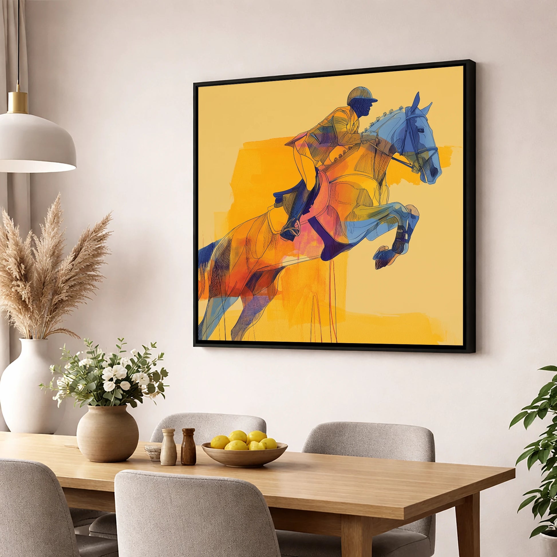 Vibrant Showjumping Flight show jumping horse wall art displayed in a dining room