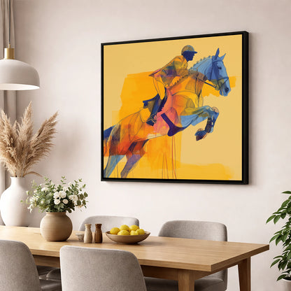 Vibrant Showjumping Flight show jumping horse wall art displayed in a dining room