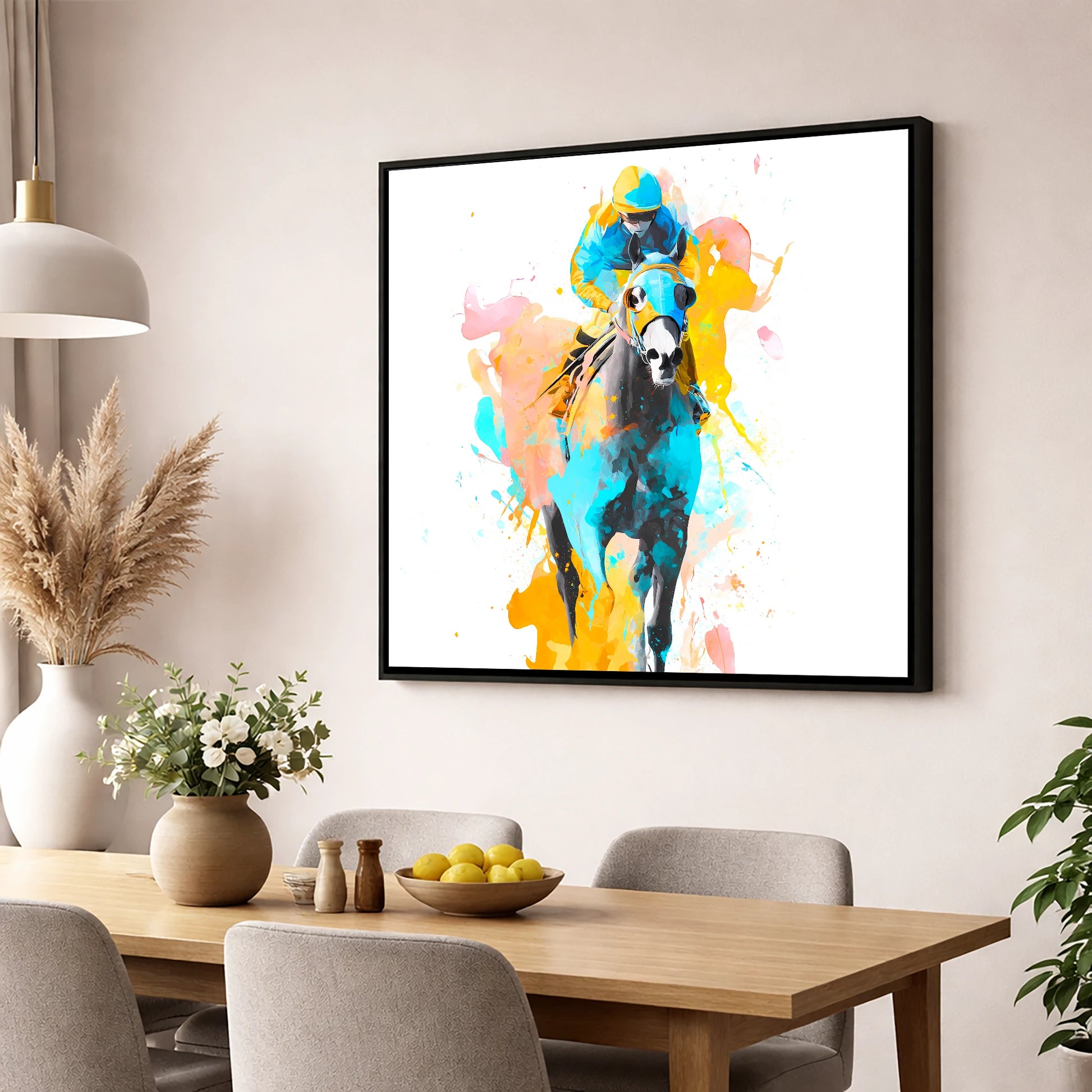 Vibrant Front Runner racing horse wall art displayed in a dining room