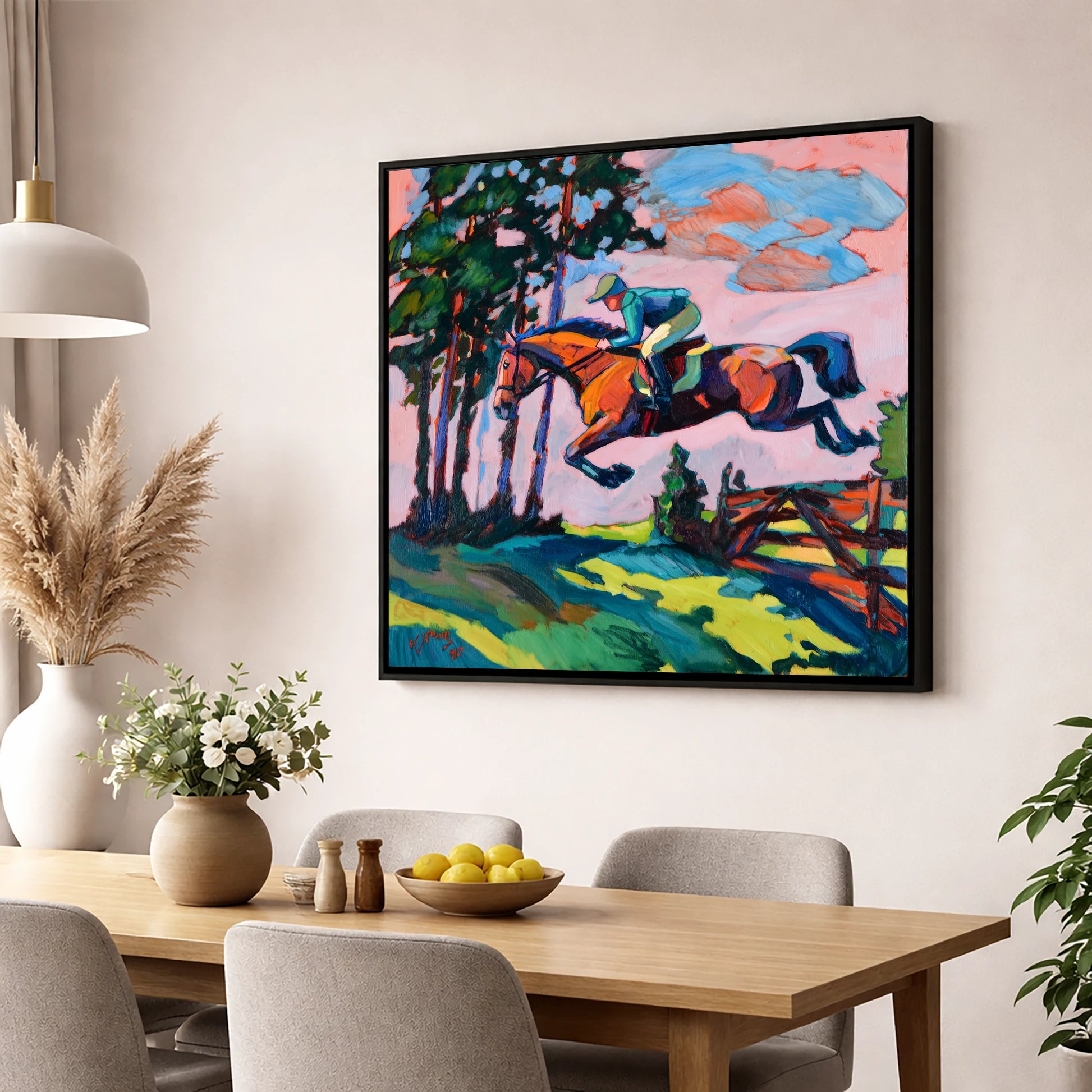 Vibrant Cross Country Leap show jumping horse wall art displayed in a dining room