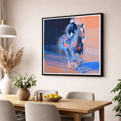 Shadows on the Track racing horse wall art displayed in a dining room