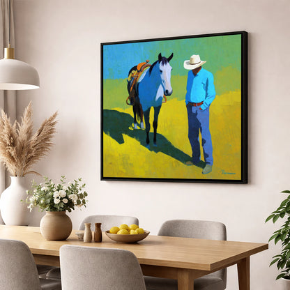 Sunlit Western Shadows western horse wall art displayed in a dining room