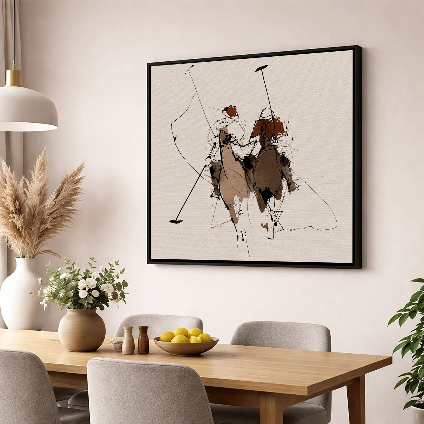 Polo Pursuit polo horse wall art displayed in a dining room