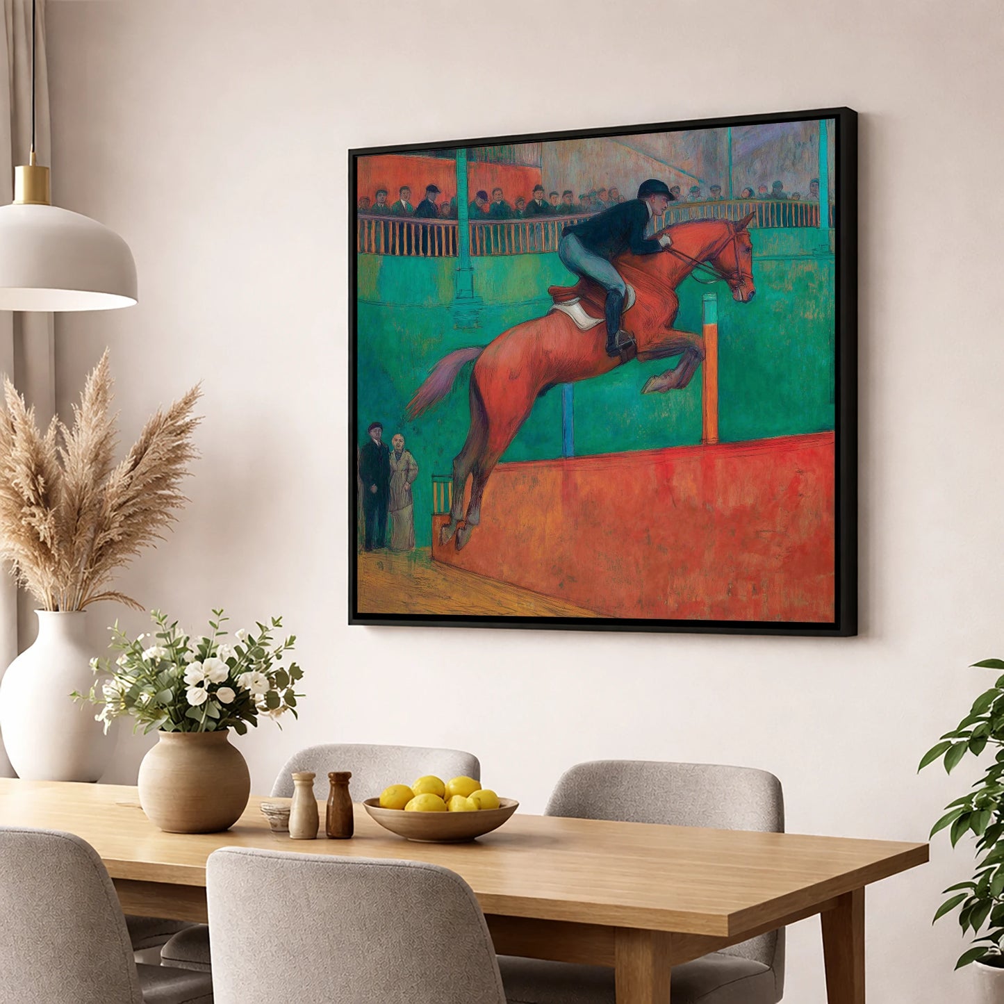 Emerald Arena Flight show jumping horse wall art displayed in a dining room