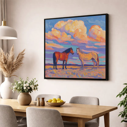 Under Painted Skies horse landscape wall art displayed in a dining room
