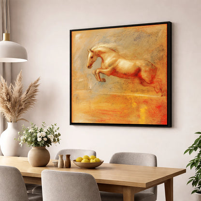 Ethereal Flight show jumping horse wall art displayed in a dining room