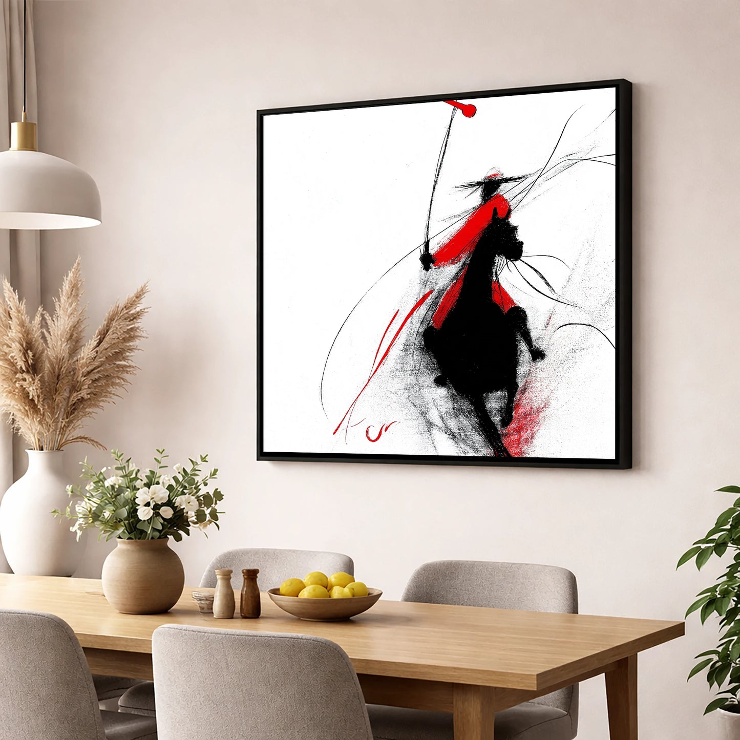 Crimson Polo Strike polo horse wall art displayed in a dining room