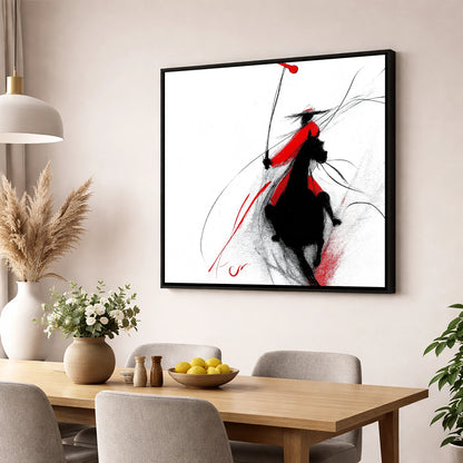 Crimson Polo Strike polo horse wall art displayed in a dining room