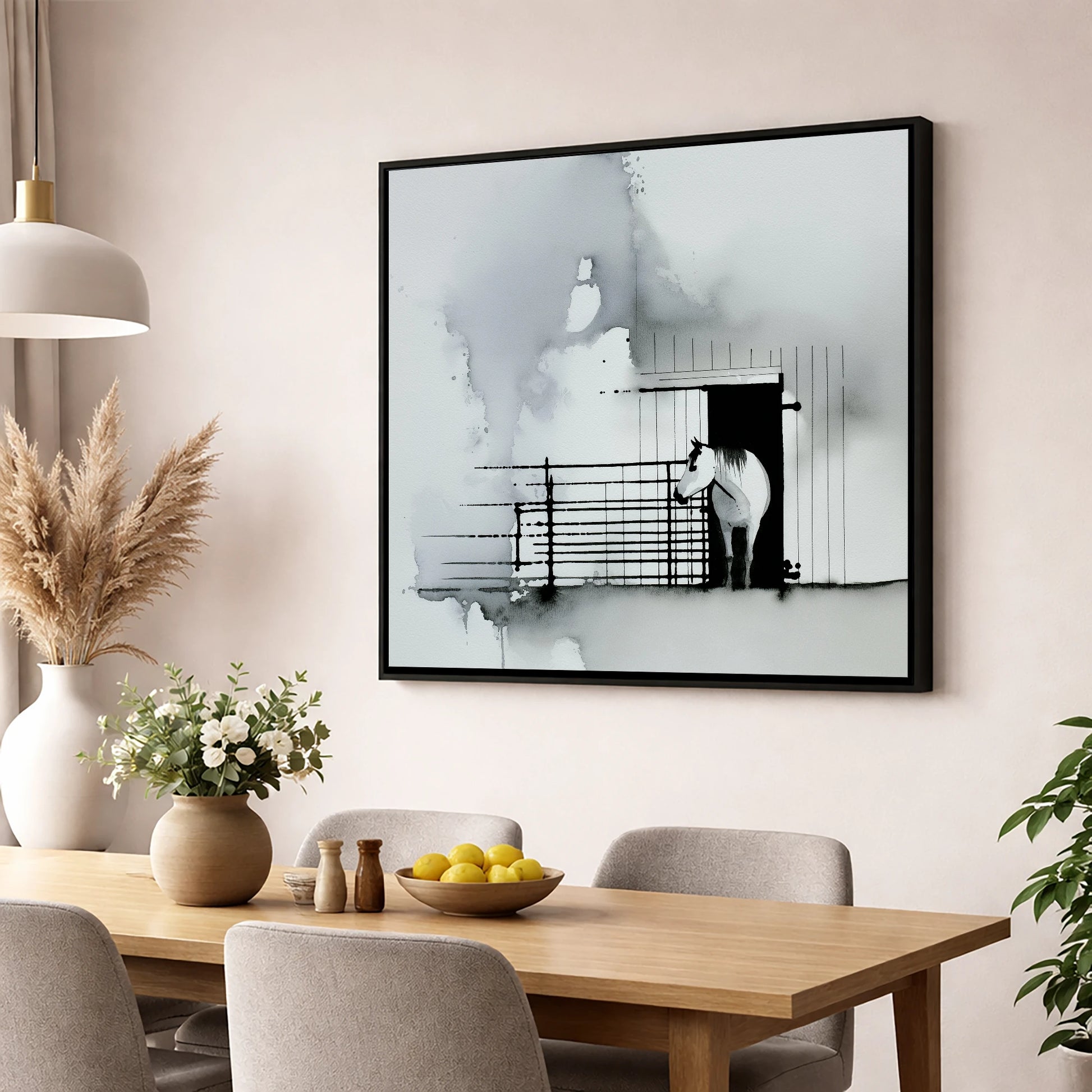 Dawn at the Stable horse stable wall art displayed in a dining room