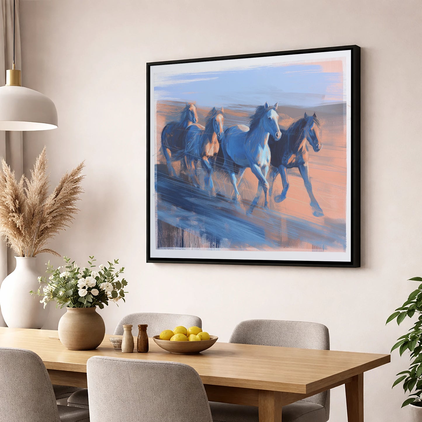 Cobalt Horizon Herd wild horses wall art displayed in a dining room