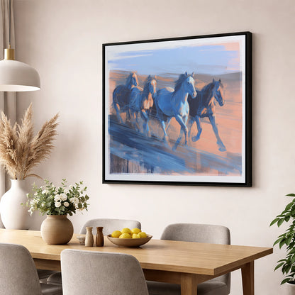 Cobalt Horizon Herd wild horses wall art displayed in a dining room