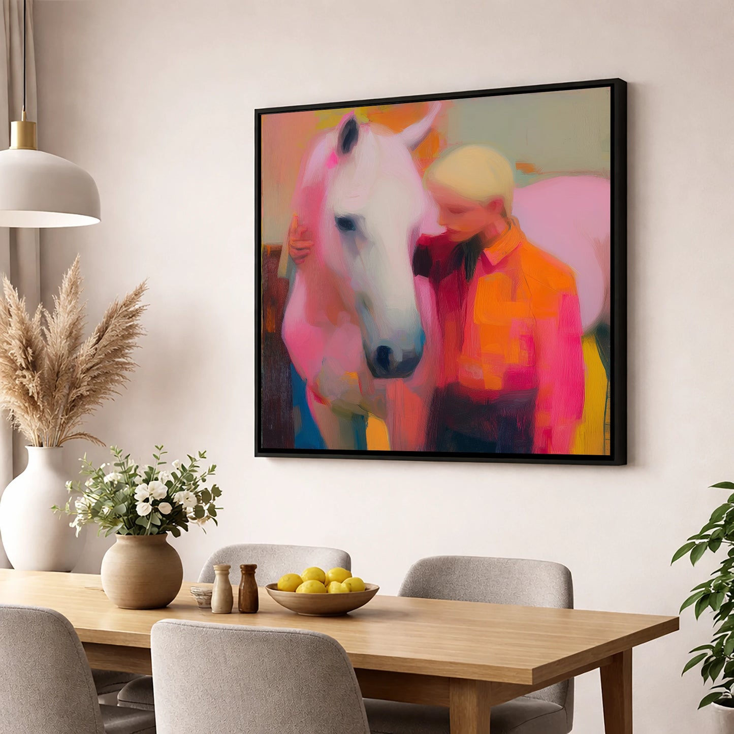 The Radiant Embrace horse & rider wall art displayed in a dining room