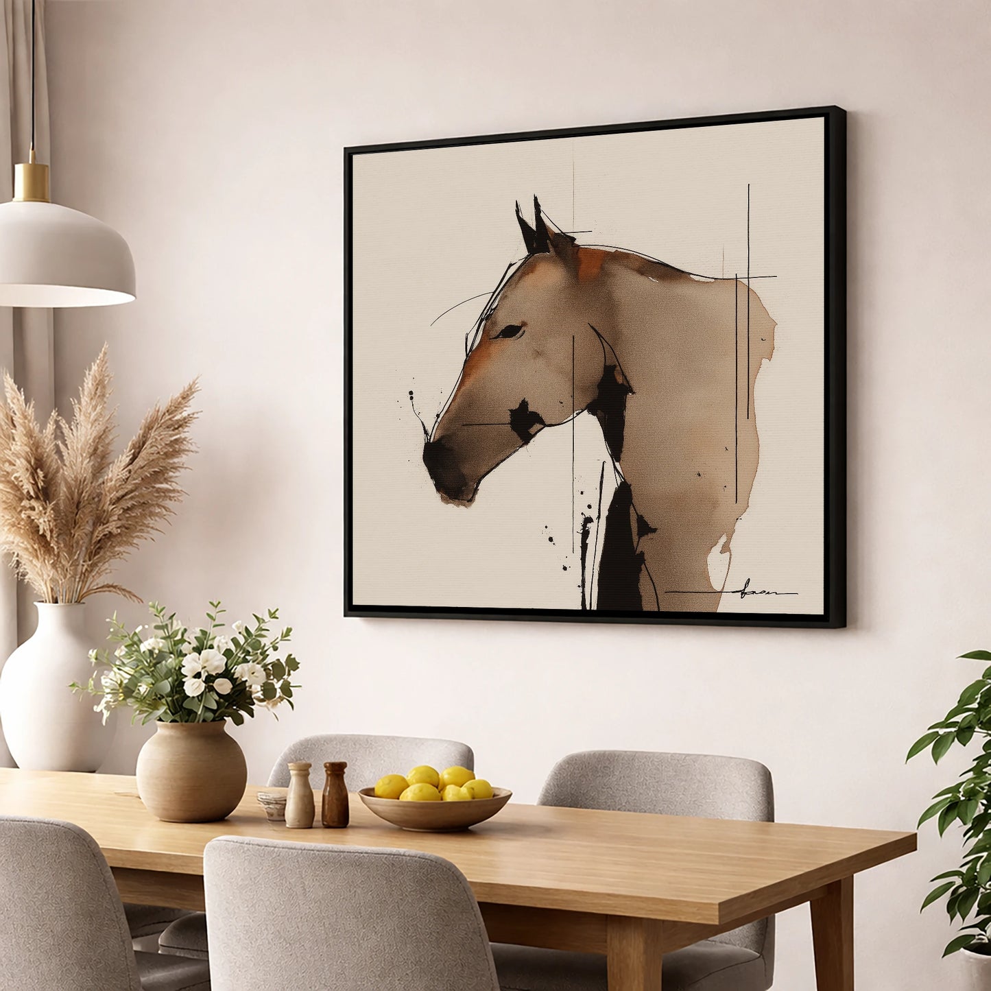 Abstract Sepia Profile horse portrait wall art displayed in a dining room