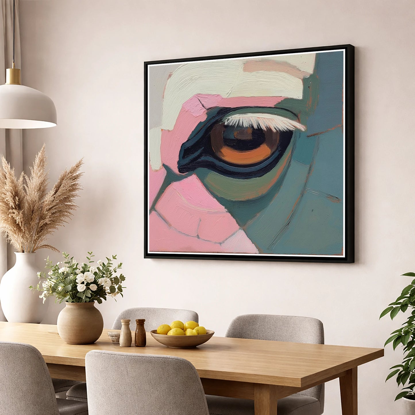 The Gentle Observer horse portrait wall art displayed in a dining room