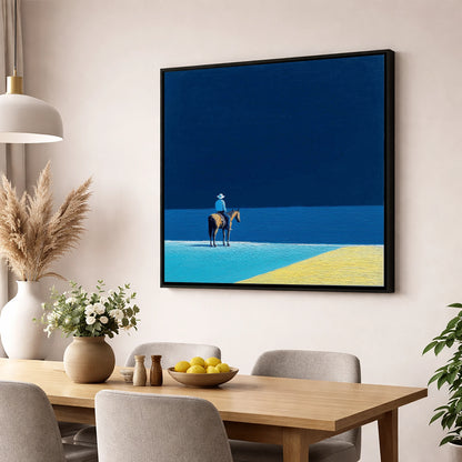 The Vast Blue beach horse wall art displayed in a dining room