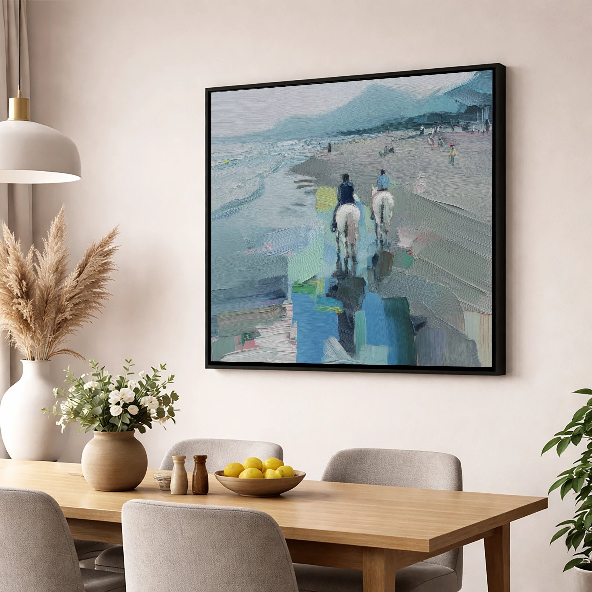 Shoreline Hack horse landscape wall art displayed in a dining room