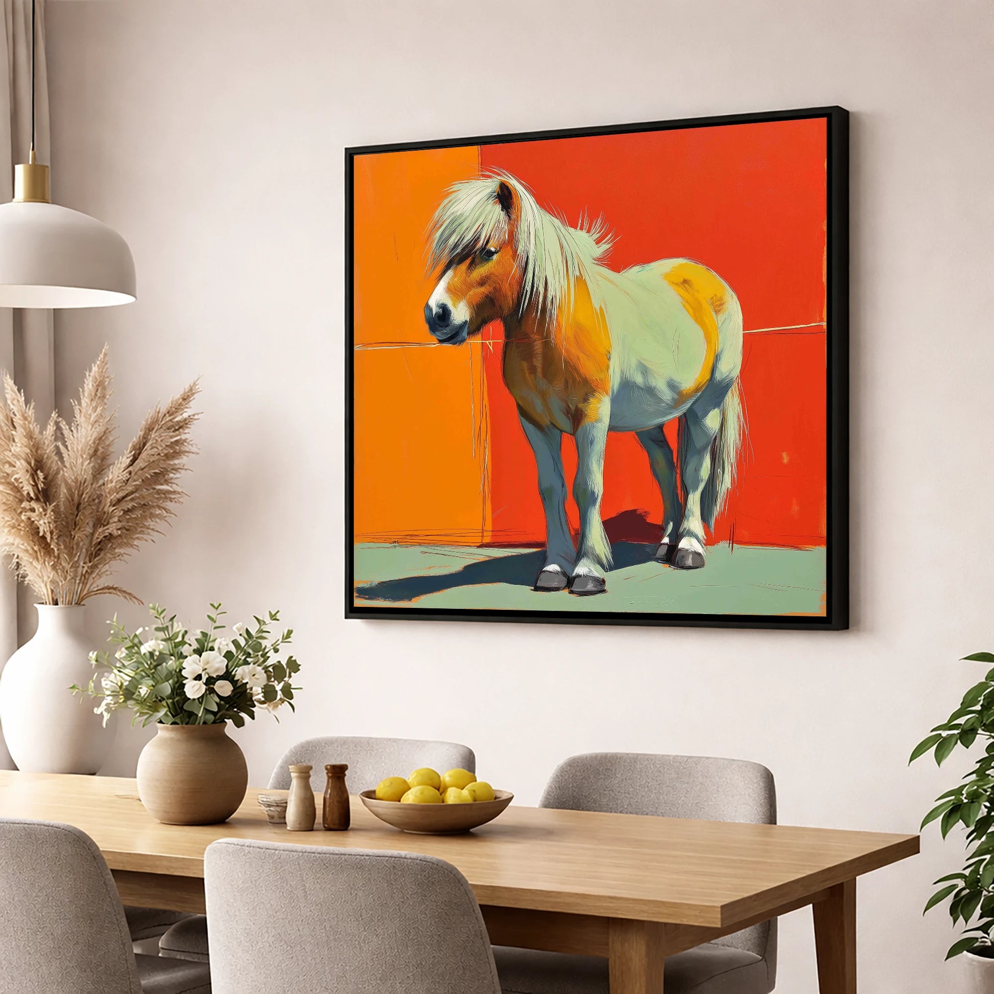 Vibrant Pony Portrait horse breed wall art displayed in a dining room