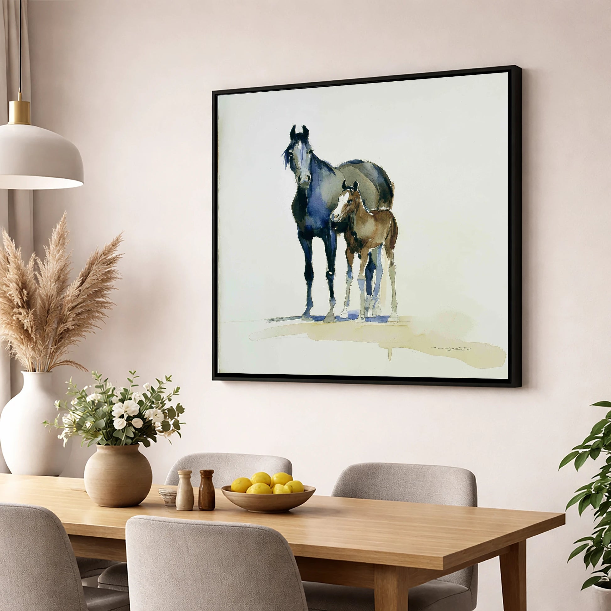 Watchful Bond mare & foal wall art displayed in a dining room
