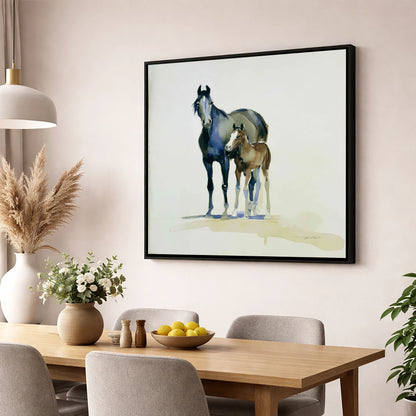 Watchful Bond mare & foal wall art displayed in a dining room