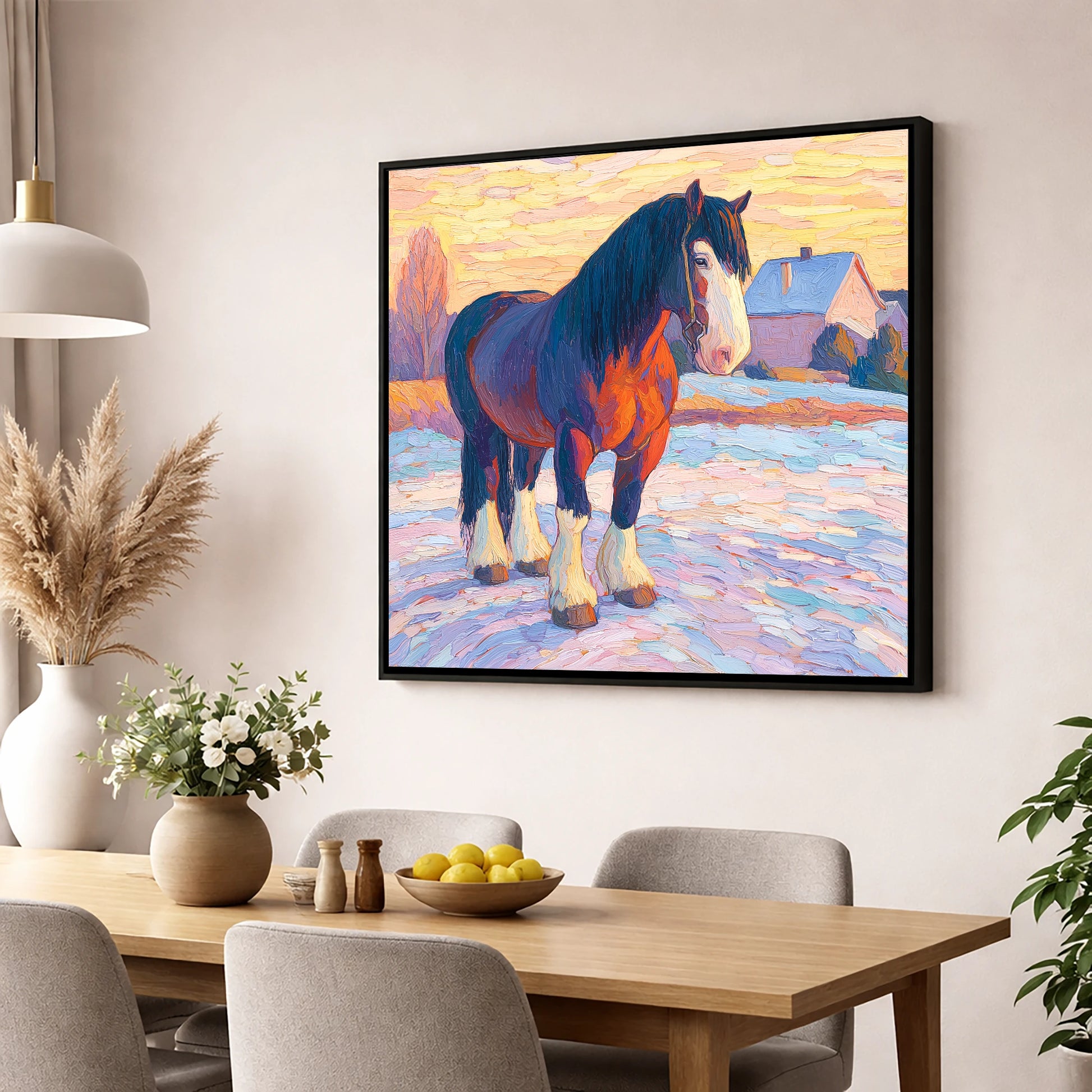 Majestic Winter Shire horse breed wall art displayed in a dining room