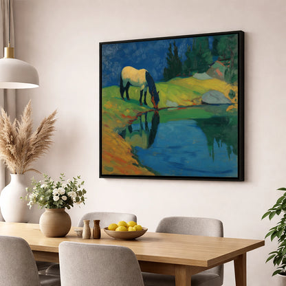 Sapphire Pool Reflections horse landscape wall art displayed in a dining room